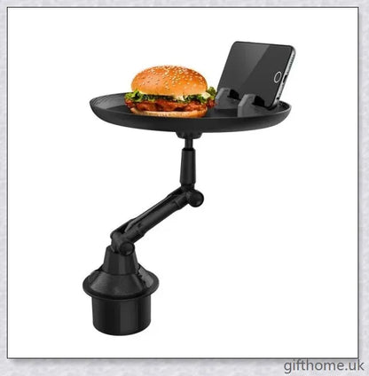 A versatile car tray with 360-degree rotating design, drink holder, and platform for food or mobile devices