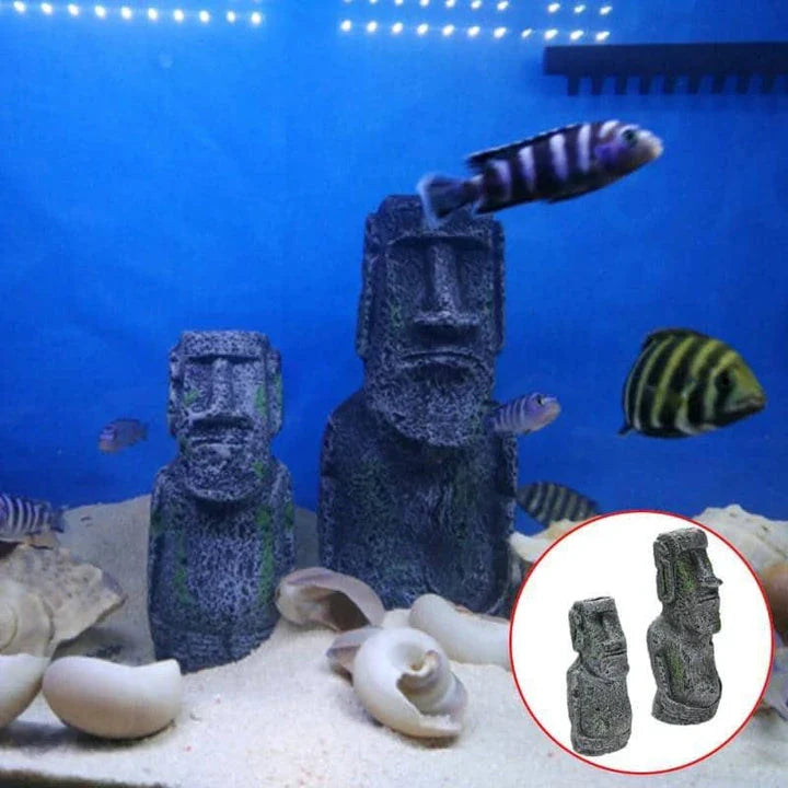 Detailed resin Easter Island statue aquarium decoration, featuring intricate Moai design for freshwater and saltwater aquariums