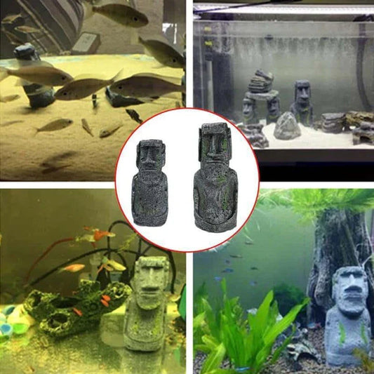 Detailed resin Easter Island statue aquarium decoration, featuring intricate Moai design for freshwater and saltwater aquariums