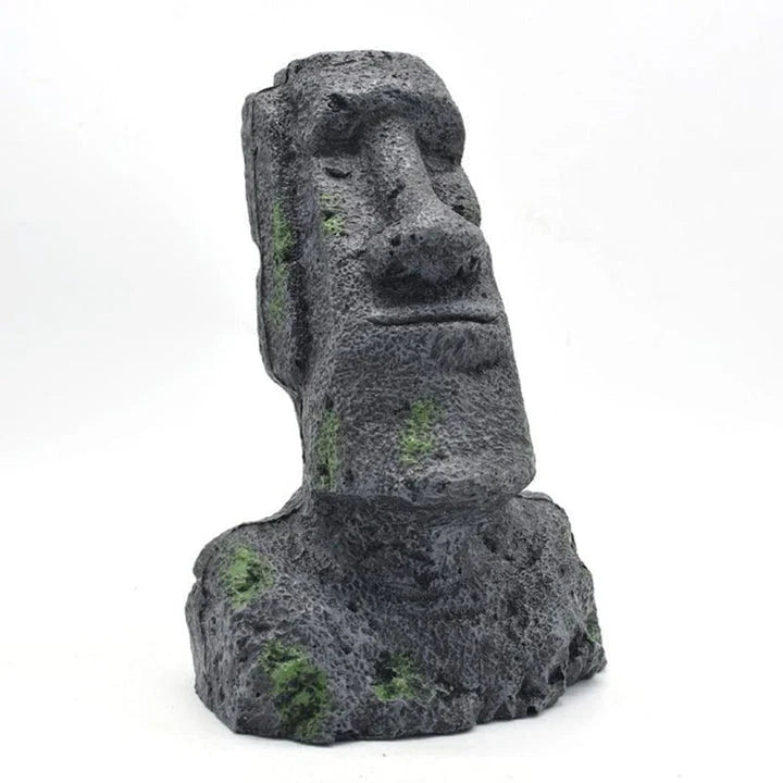 Detailed resin Easter Island statue aquarium decoration, featuring intricate Moai design for freshwater and saltwater aquariums