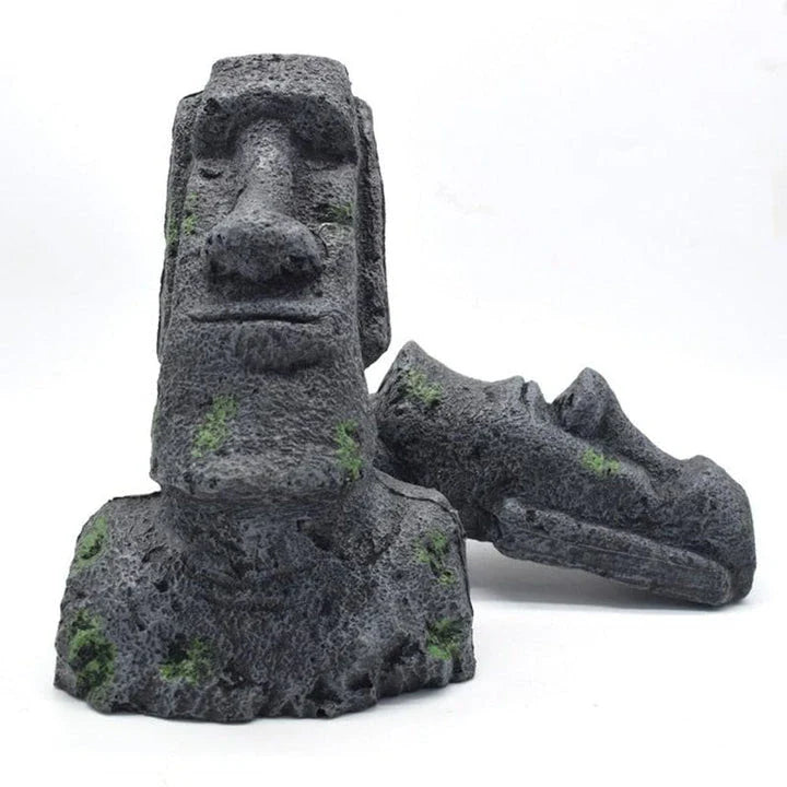 Detailed resin Easter Island statue aquarium decoration, featuring intricate Moai design for freshwater and saltwater aquariums