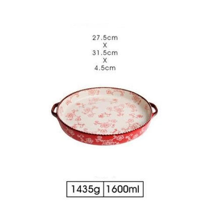 Beautifully hand-painted ceramic baking sheet with a charming cherry blossom design, perfect for even baking and elegant serving.