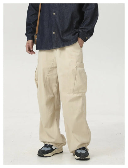 Stylish men's drawstring baggy straight trousers in black and milky white colours