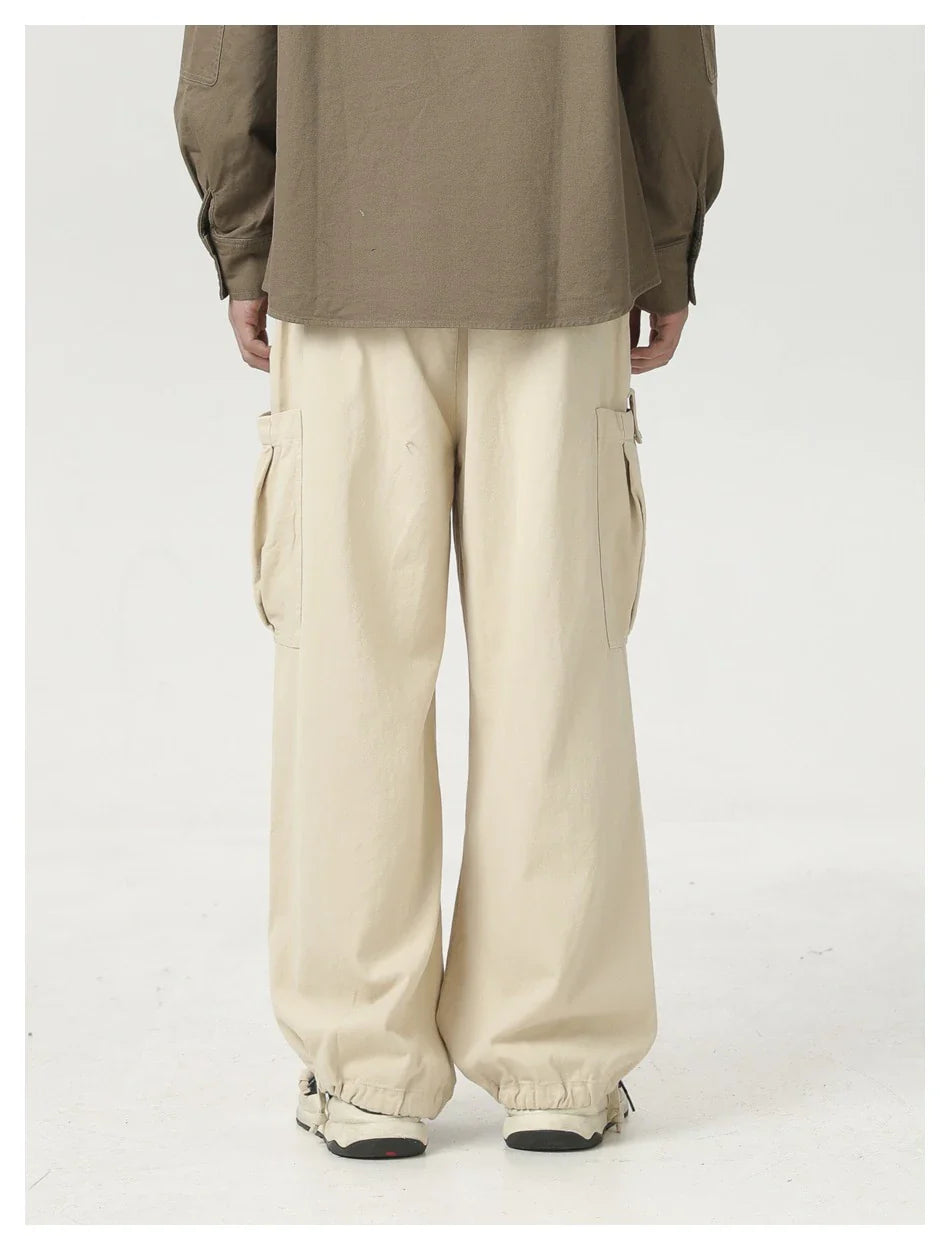 Stylish men's drawstring baggy straight trousers in black and milky white colours