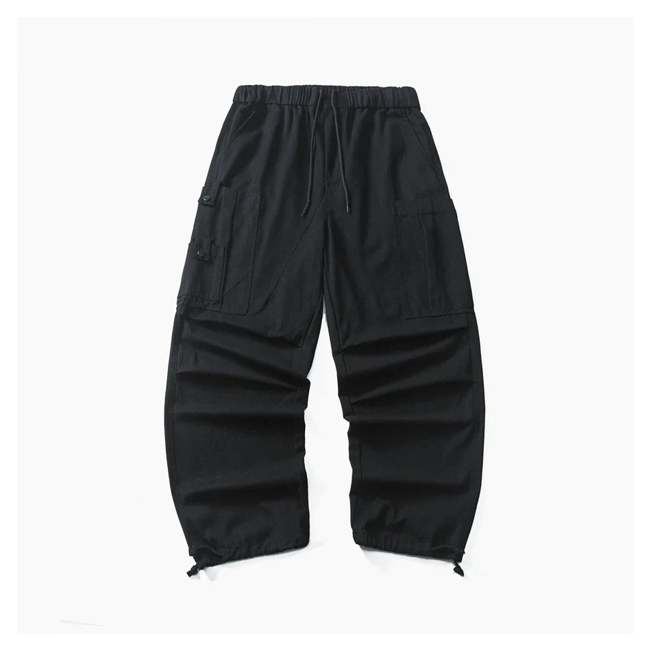 Stylish men's drawstring baggy straight trousers in black and milky white colours