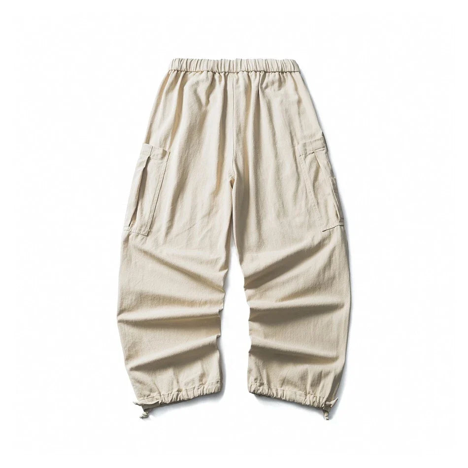 Stylish men's drawstring baggy straight trousers in black and milky white colours