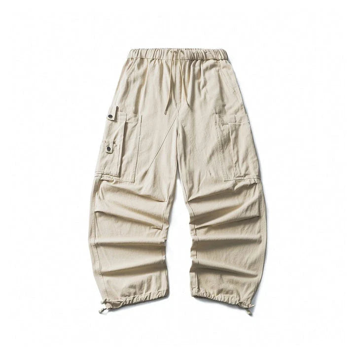 Stylish men's drawstring baggy straight trousers in black and milky white colours
