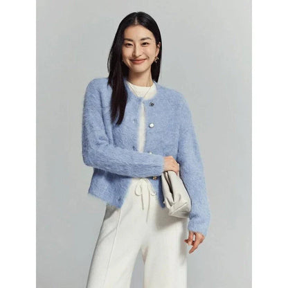 A stylish and cosy alpaca blend cardigan with a sophisticated design, perfect for transitioning between casual and office wear.