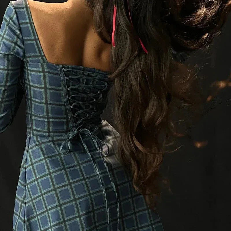 Elegant plaid a-line midi dress in blue, featuring a square collar, backless design, and draped decoration