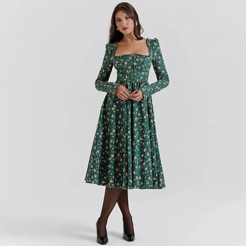 Elegant plaid a-line midi dress in blue, featuring a square collar, backless design, and draped decoration