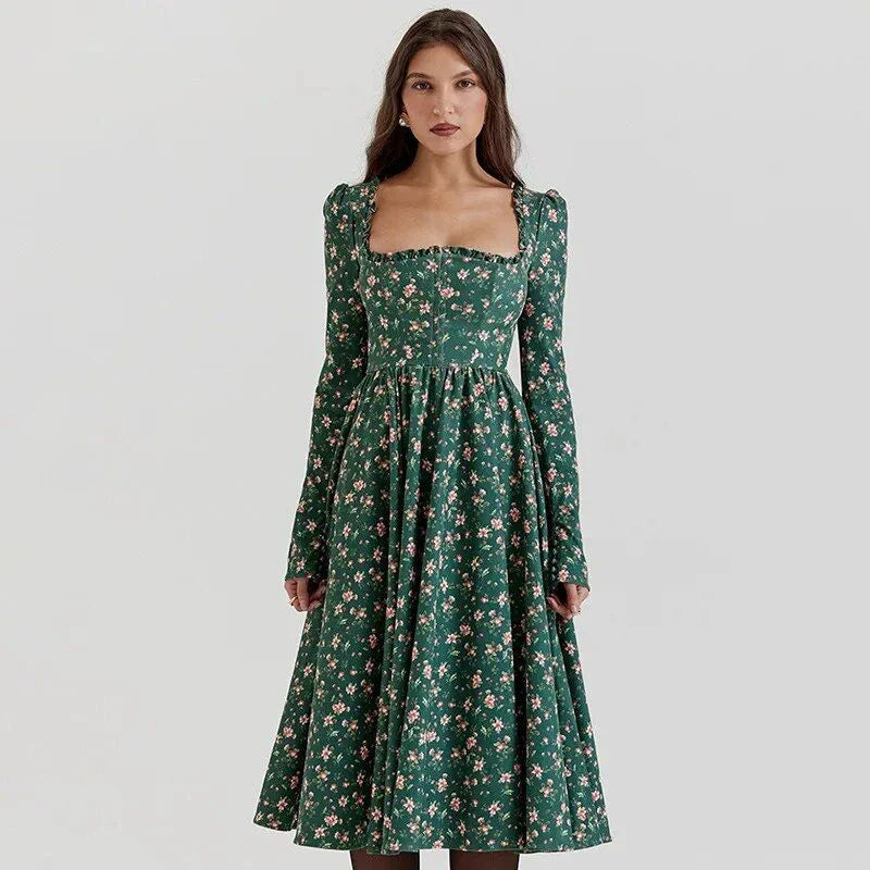 Elegant plaid a-line midi dress in blue, featuring a square collar, backless design, and draped decoration