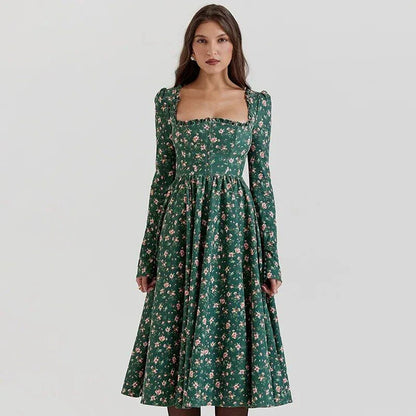 Elegant plaid a-line midi dress in blue, featuring a square collar, backless design, and draped decoration