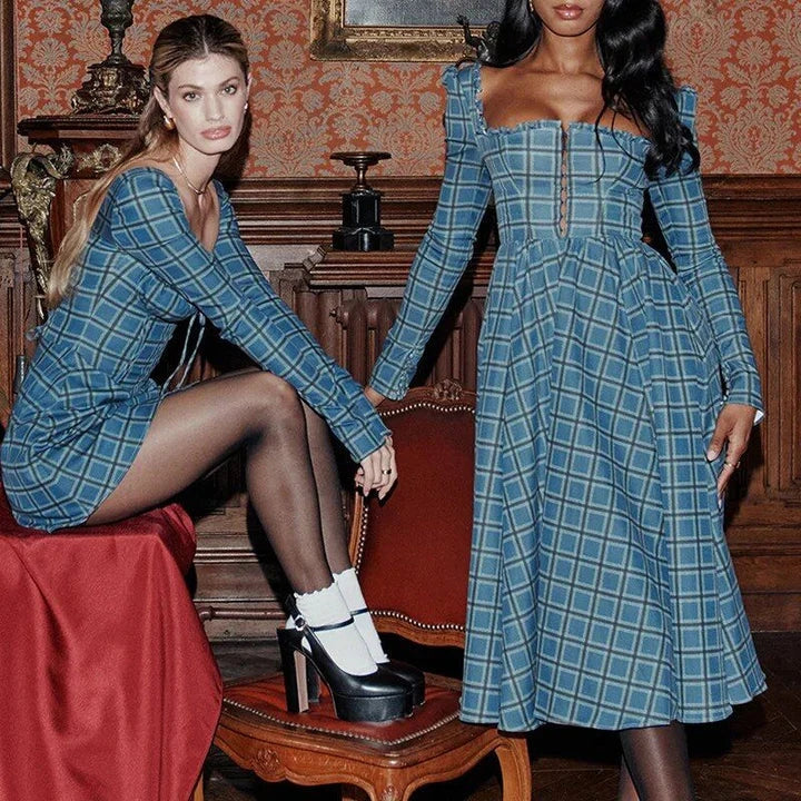Elegant plaid a-line midi dress in blue, featuring a square collar, backless design, and draped decoration