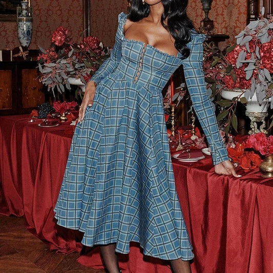 Elegant plaid a-line midi dress in blue, featuring a square collar, backless design, and draped decoration