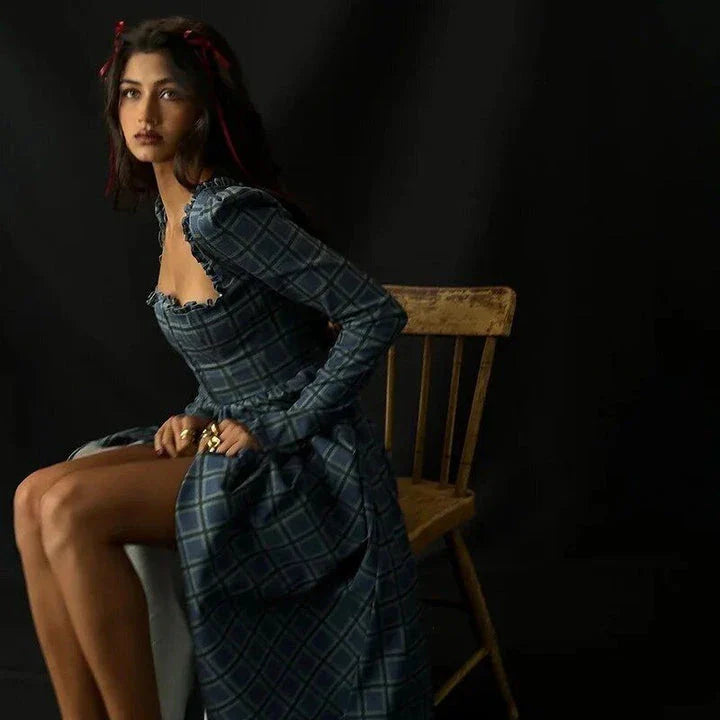 Elegant plaid a-line midi dress in blue, featuring a square collar, backless design, and draped decoration