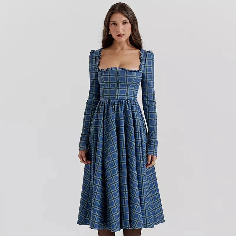 Elegant plaid a-line midi dress in blue, featuring a square collar, backless design, and draped decoration