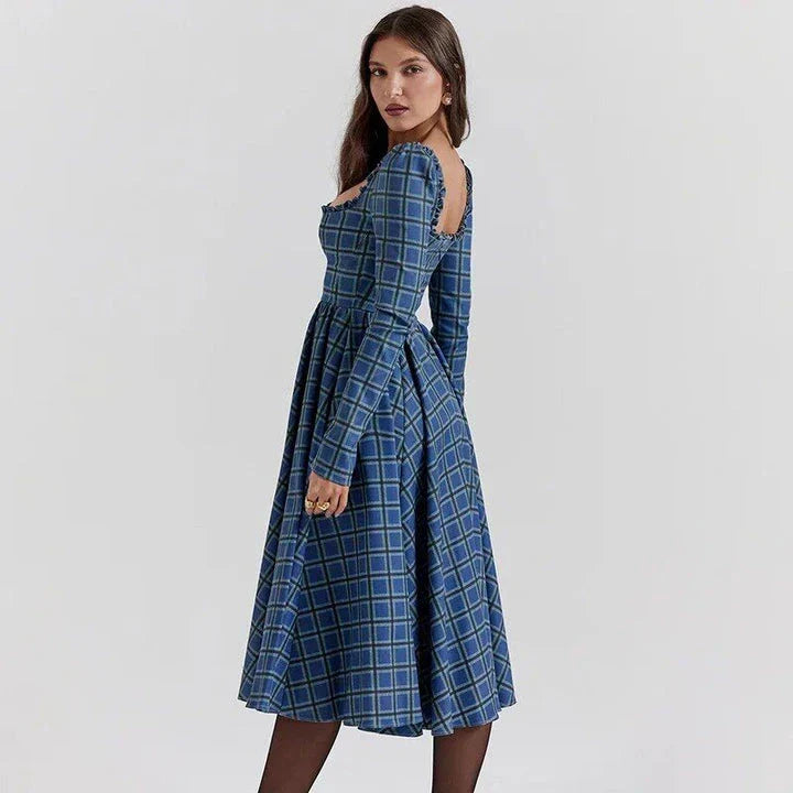Elegant plaid a-line midi dress in blue, featuring a square collar, backless design, and draped decoration