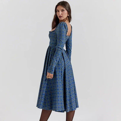 Elegant plaid a-line midi dress in blue, featuring a square collar, backless design, and draped decoration