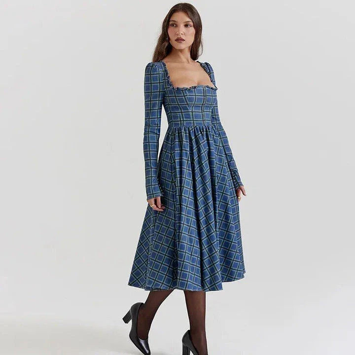 Elegant plaid a-line midi dress in blue, featuring a square collar, backless design, and draped decoration