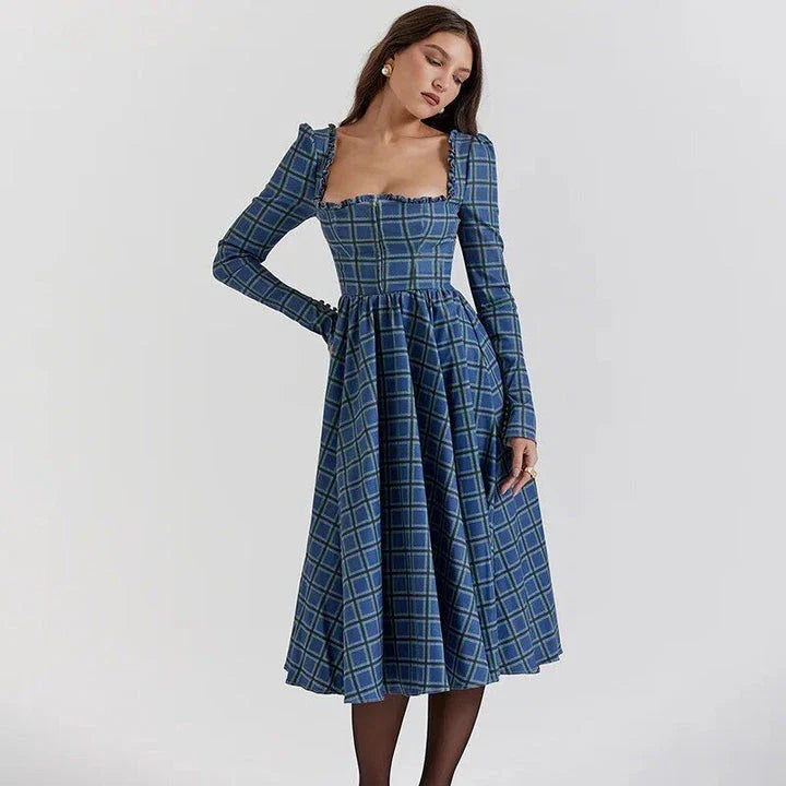 Elegant plaid a-line midi dress in blue, featuring a square collar, backless design, and draped decoration