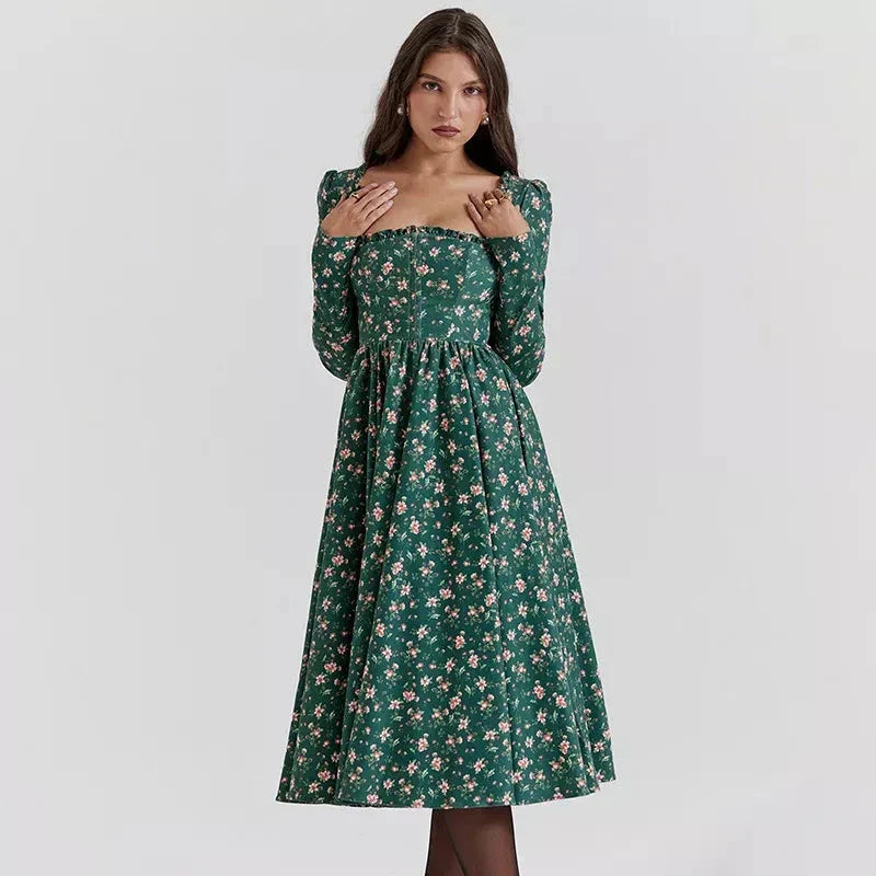Elegant plaid a-line midi dress in blue, featuring a square collar, backless design, and draped decoration