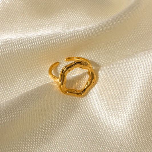 18K gold plated stainless steel geometric ring with an exaggerated irregular shape, a unique and bold accessory for fashion-forward women