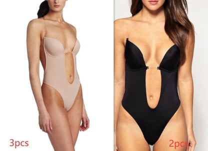 Versatile Backless Body Shaper Bra in beige, black, and white colors, featuring adjustable straps and compression panels for a customized fit