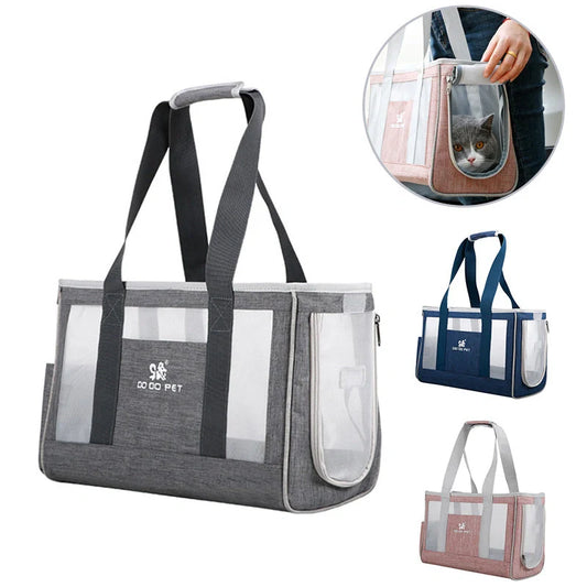 Portable pet carrier backpack in grey, pink, and blue with breathable mesh and large capacity