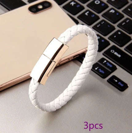 Stylish data cable bracelet in black, white, and brown colors with android, apple, and USB-C connectors