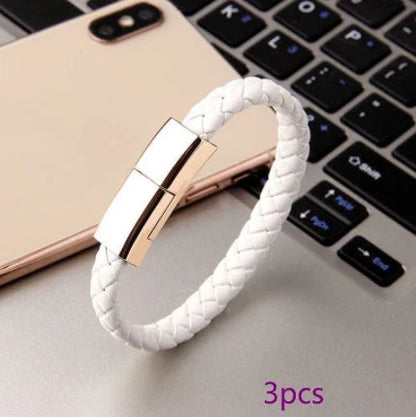Stylish data cable bracelet in black, white, and brown colors with android, apple, and USB-C connectors