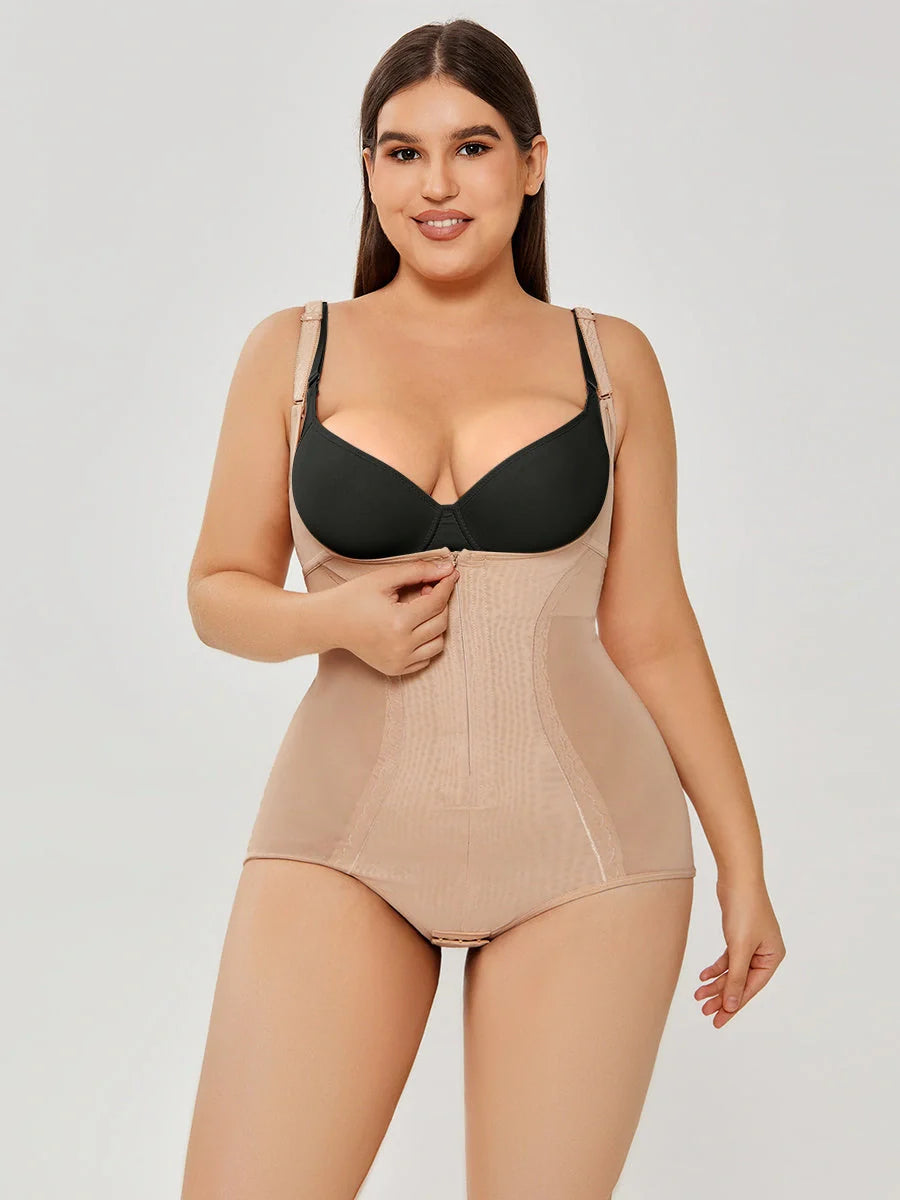 Women's slimming shapewear bodysuit in black and apricot for tummy control and a smooth silhouette.