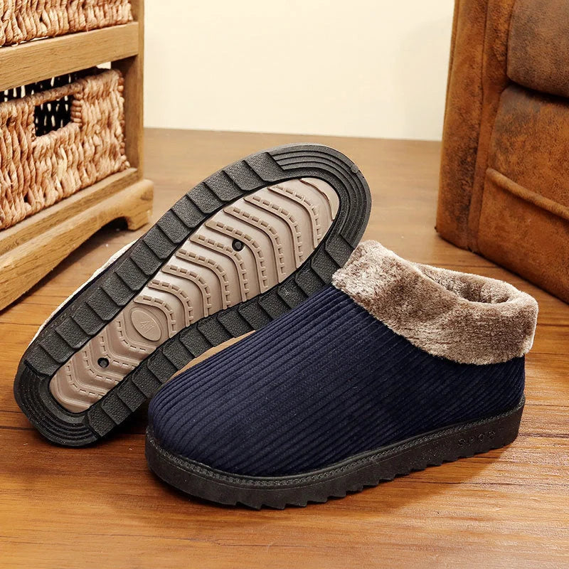 Men's winter casual cotton boots with thickened sole for home warmth, available in blue and coffee colours