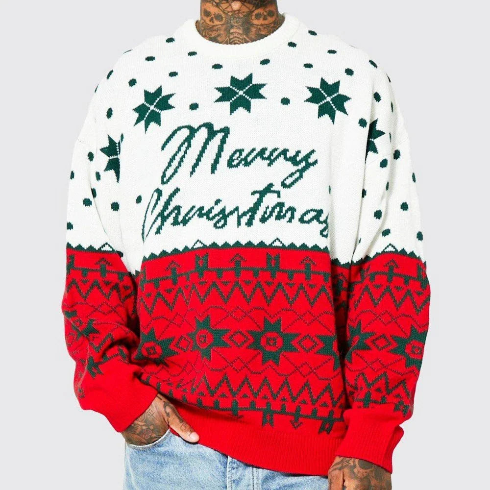 Men's knit jacquard pullover sweater in green and white colors, featuring a relaxed fit and soft, breathable viscose fabric for comfortable wear during autumn, winter, and Christmas seasons.