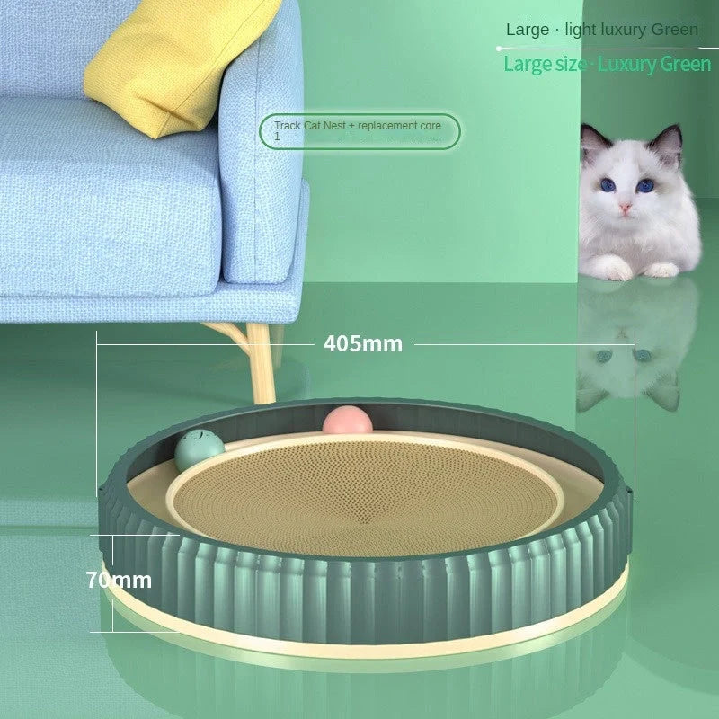 Round cat scratching board with toy ball, protects furniture from scratches
