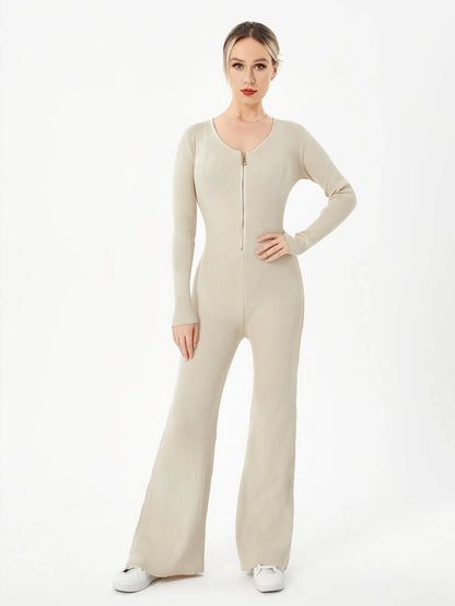 Zippered Round Neck Flared Trousers in black, white, khaki, and brown