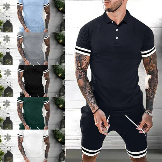 Men's 2-piece polo shirt and shorts outfit in various colors, including green, white, black, gray, navy blue, and blue