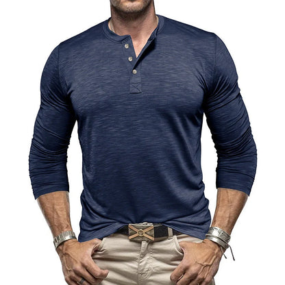 Men's Long-sleeved Henry Collar T-shirt in slub cotton, available in multiple colours