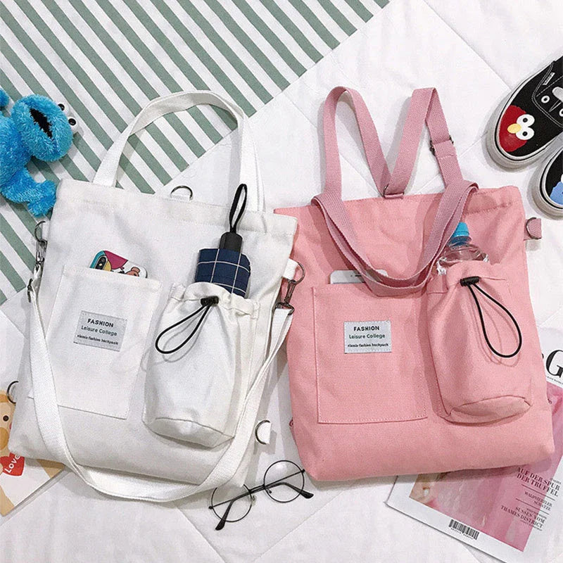 Stylish Harajuku-inspired canvas backpack with zipper closure, adjustable straps, and vibrant color options for students and women