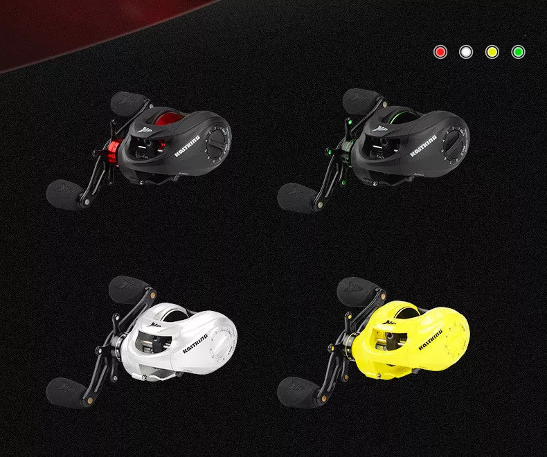 Water Drop Long Throw Lure Fishing Reel with yellow accents and dual braking system