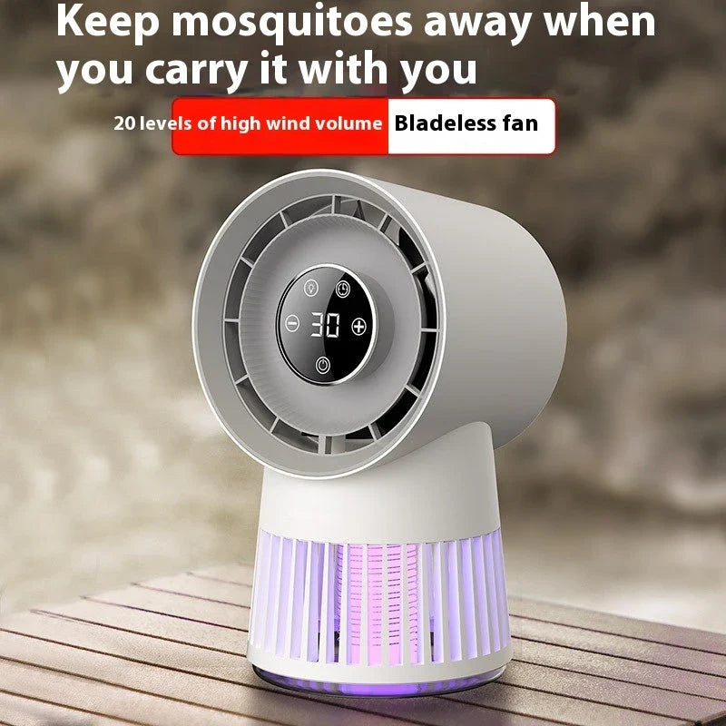 Powerful 2-in-1 desk fan with mosquito-killing suction and 360-degree airflow for versatile cooling and pest control