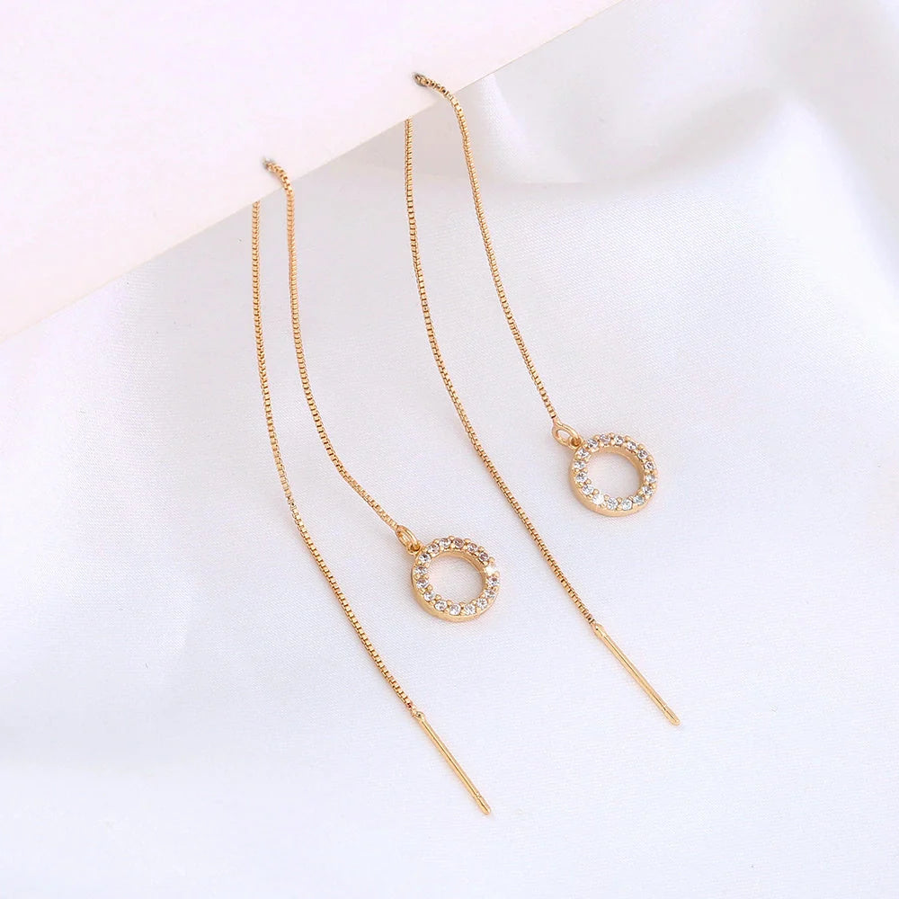 Gold Circle Long Tassel Ear Wire with sparkling zircon accents, perfect for any occasion