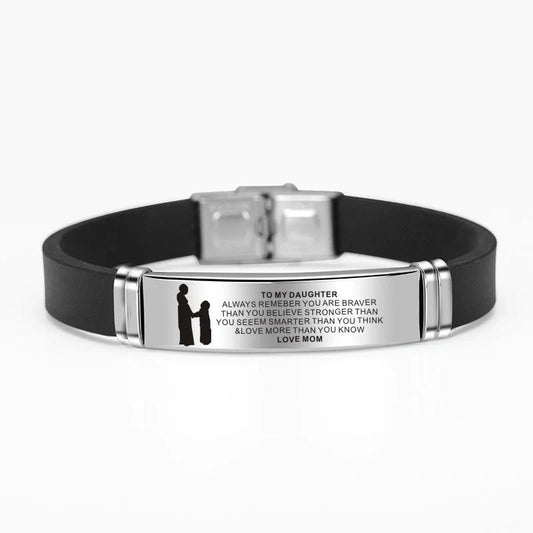Engraved Mom Dad To Daughter Son Stainless Steel Silicone Bracelet - Silver
