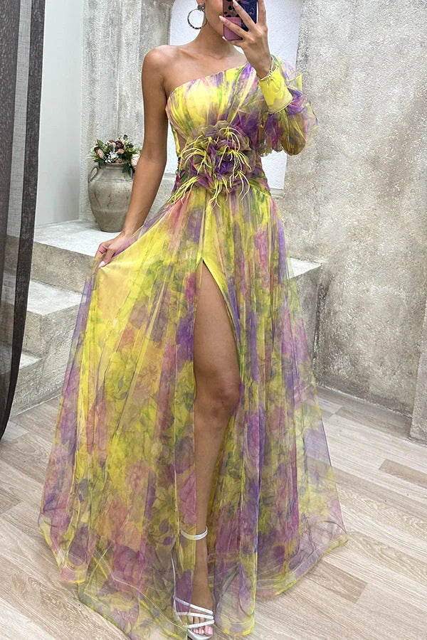 Stylish mesh tie-dye off-shoulder slit dress for summer parties and events