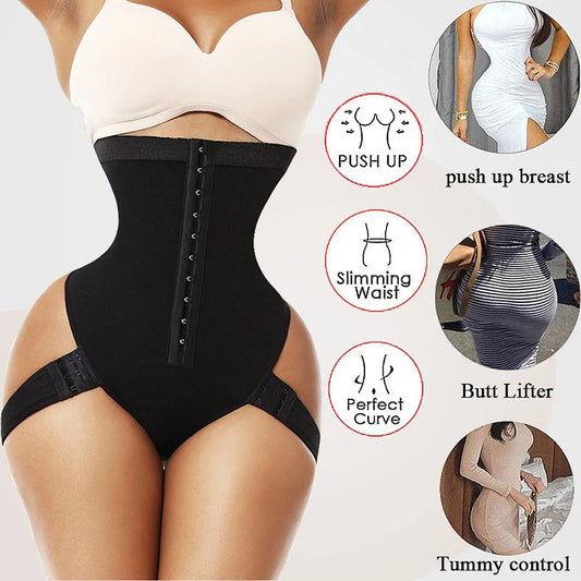 Seamless butt lifter control panties in black and skin tone, high-waist design for shaping and support