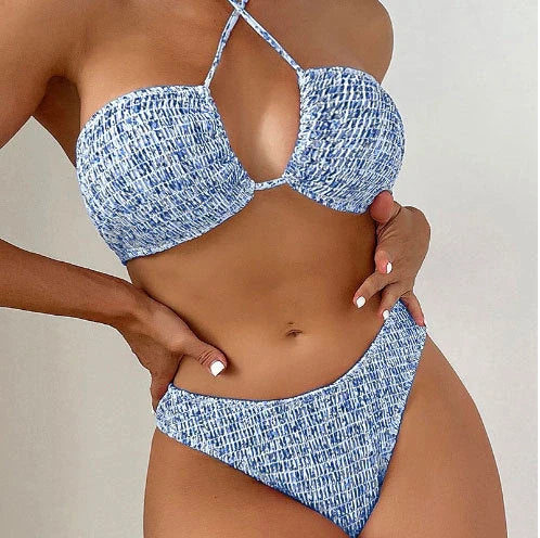 Summer flowers print pleated bikini set with halter neck in pink and blue