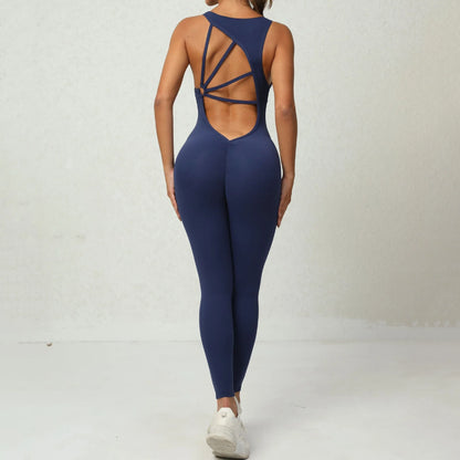 Premium yoga jumpsuit with sleek V-shaped back design, available in a variety of vibrant colors for active lifestyles.