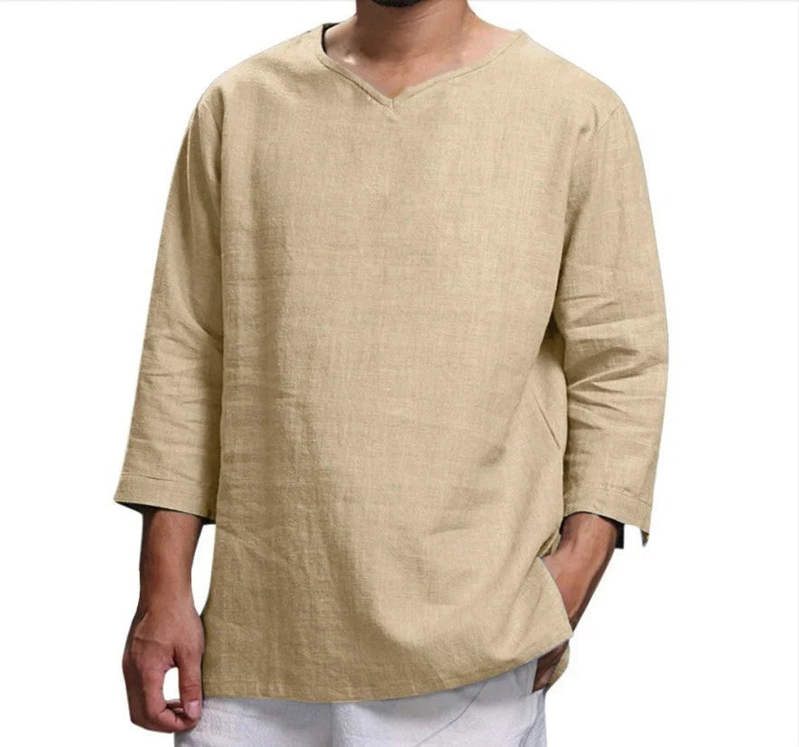 Versatile linen-blend men's v-neck pullover shirt in various colours and sizes