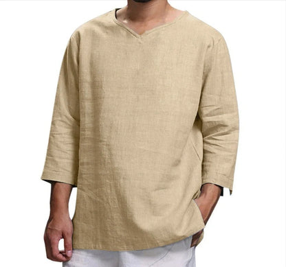 Versatile linen-blend men's v-neck pullover shirt in various colours and sizes
