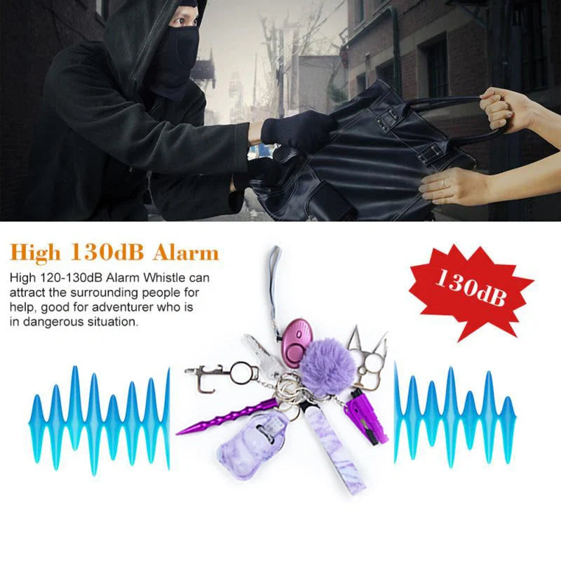 Self Defense Keychain Set for Women with 11 Safety Accessories including alarm and window breaker