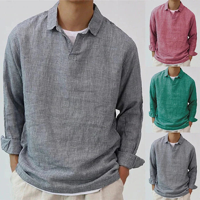 Men's European retro style cotton blend lapel pullover shirt in rose red, dark green, and gray